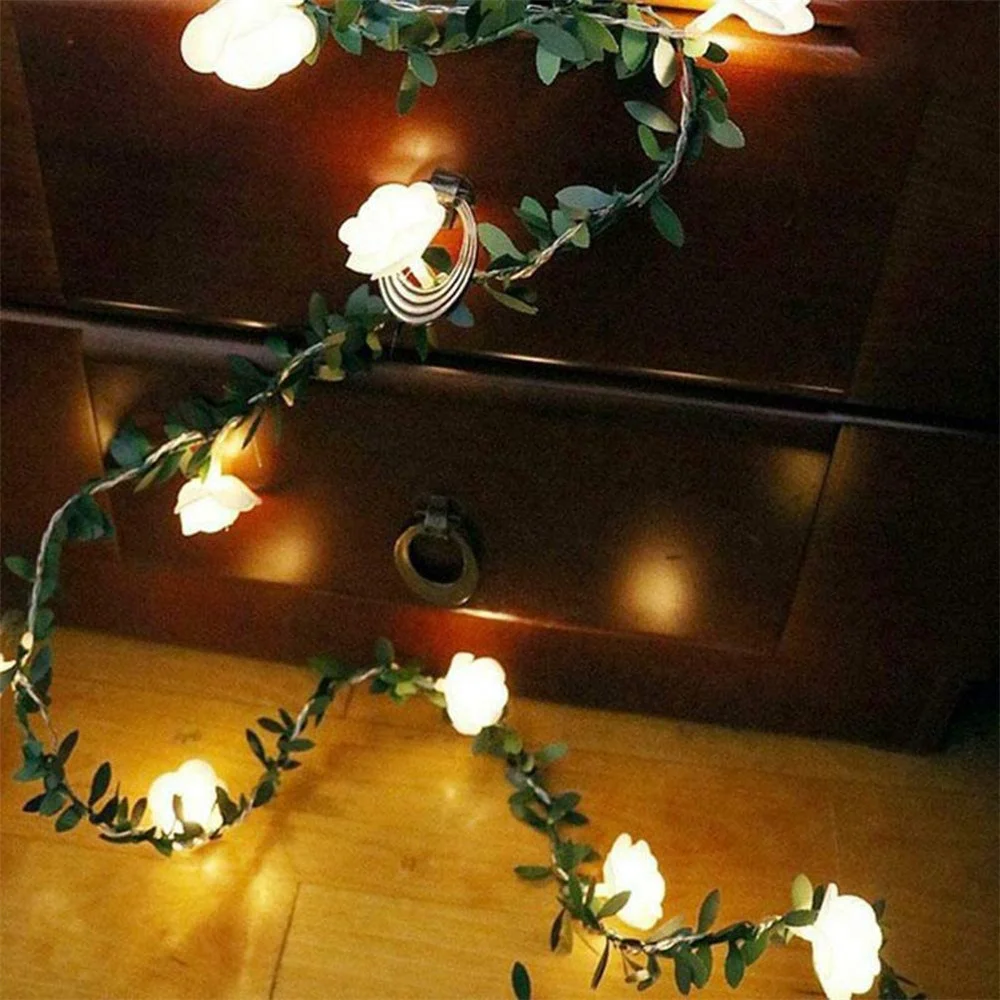 

10/20/40leds Rose Flower Vine LED String Lights Battery/USB Powered Green Leaf Fairy Garland for Christmas Party Valentine's Day