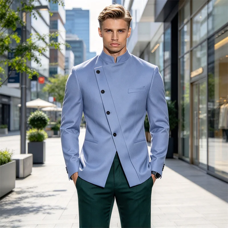 Men's Stand Collar Blazer Asymmetric Button Slim Jacket For Business Wedding Banquet Party Formal Casual Dress Daily Wear