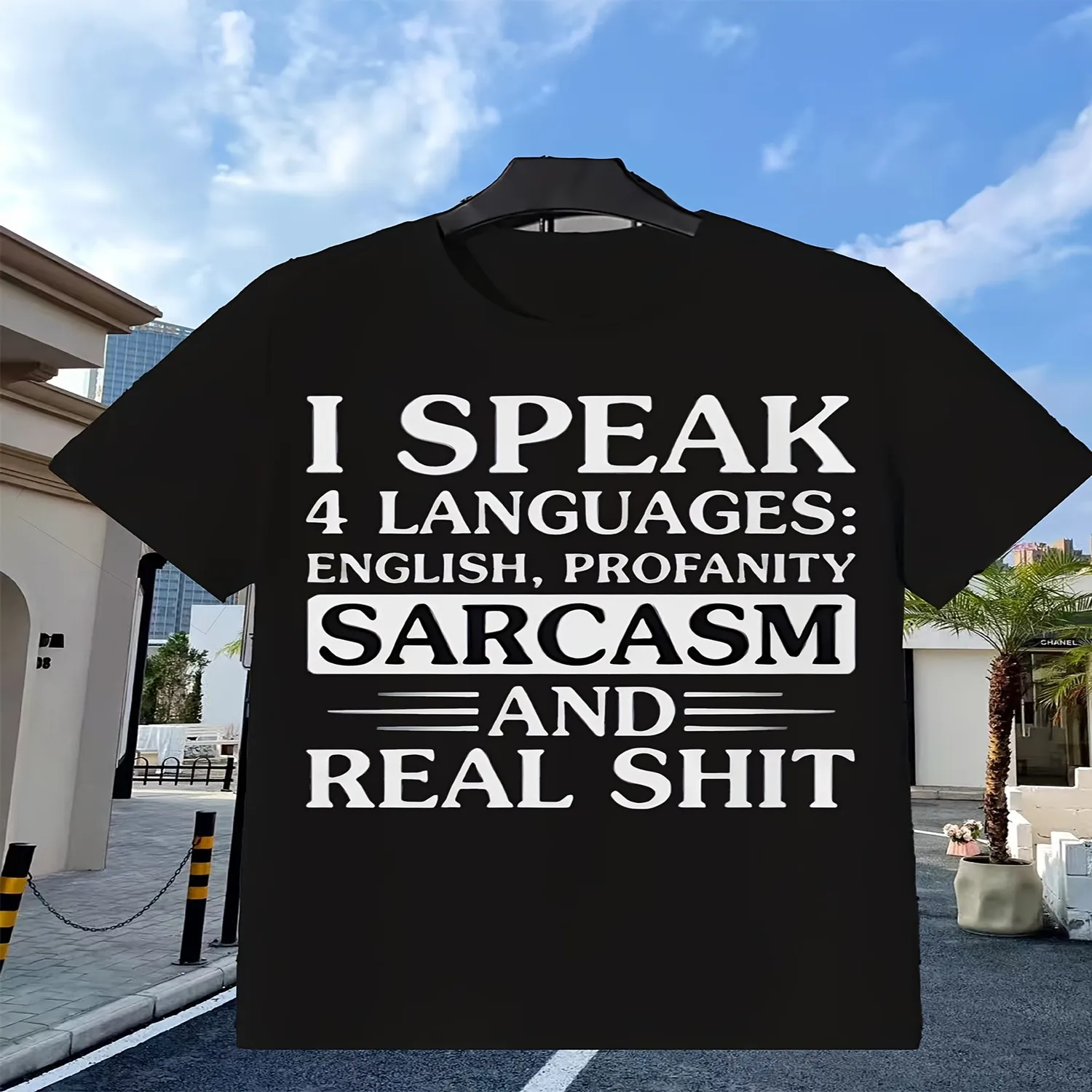 Men's Funny I Speak 4 Languages English Profanity Sarcasm Real Shit Graphic Hooded Sweatshirt with Text PrintRetro Casual Short-sleeved T-shirt with a Round Neck and Printed Pattern Suitable for Gift for him, Retro graphic tee