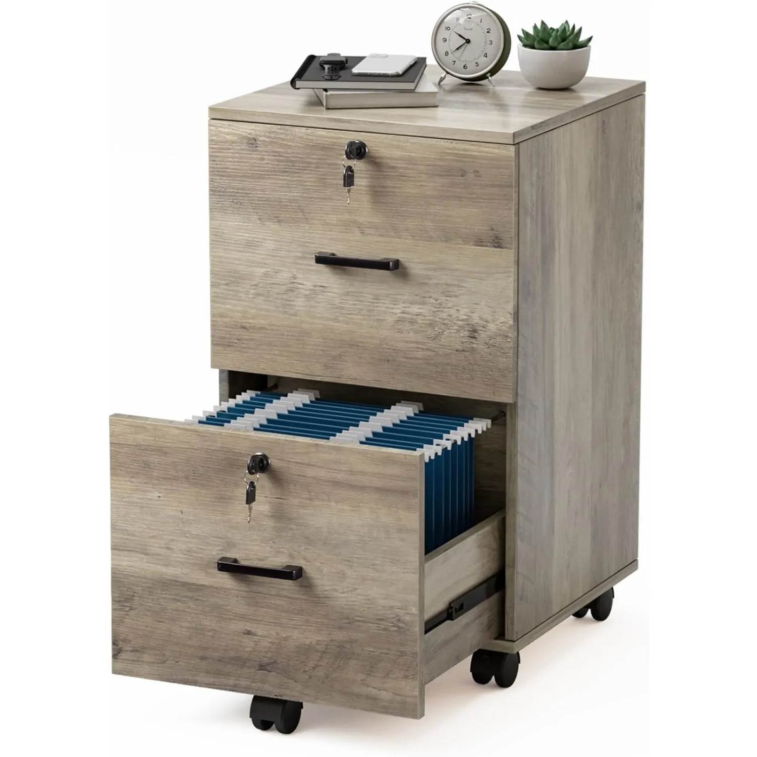 

Double drawer lockable, storing folders the size of labeled letters, and a rolling filing cabinet under a desk in a home office