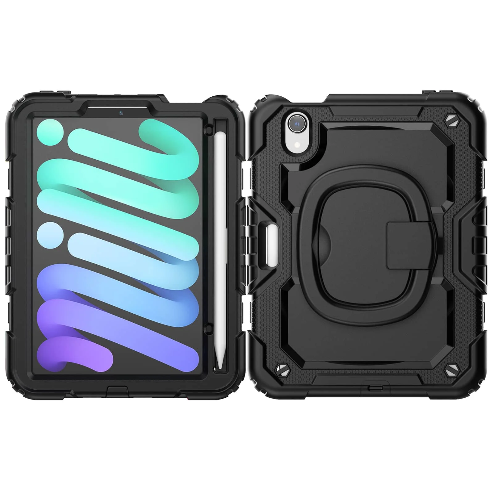 For iPad Mini 7 6 2024, Military Grade Shockproof Silicone Cover with 360 Folding Handle Grip + Handle Shoulder Strap