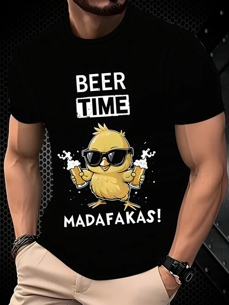 

Funny Cool Cartoon Duck-Like Chicken&Beer Mug with "BEER TIME" & "MADAFAKAS!"design-100% cottonO-neck printed T-shirt.