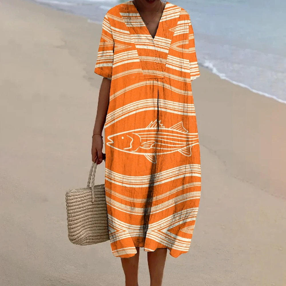 

Vintage Ladies Hand Painted Chic Beach Dress Orange Sardines Graphic Shirt Skirt Casual V-Neck Sexy Loose Party Dress Summer