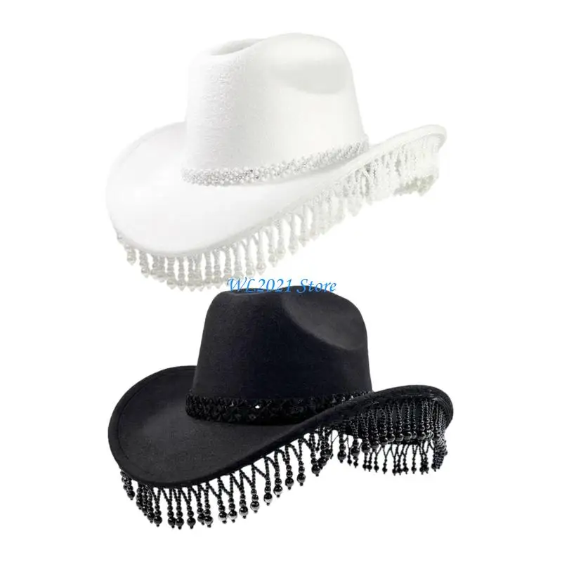 

G5GC Stylish Faux Pearls Fringed Cowboy Hats With Breathable Fabric Wide Brims Cap For Outdoor Event And Music Festivals