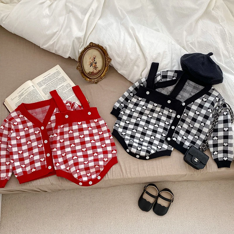 

Children Knitted Clothing Suit Long Sleeved Plaid Cardigan Sweater+Jumpsuit Autumn Spring Infant Baby Girl Knitting Clothes Set