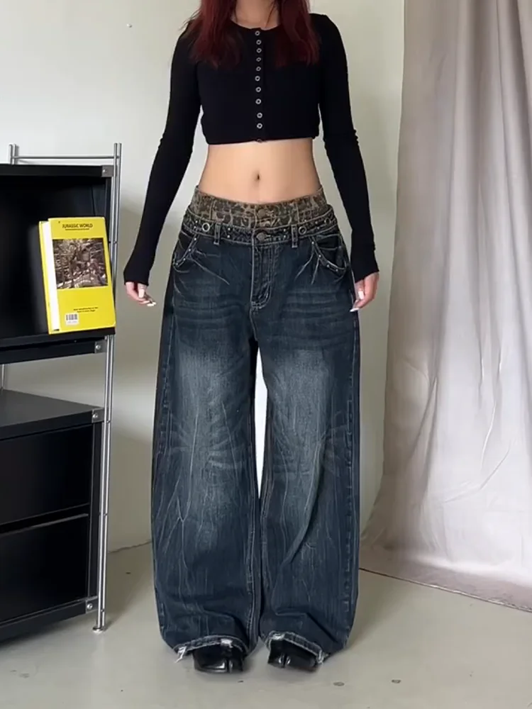 

Large Size American Washed Leopard Print Splicing Double Waist Nail Denim Pants Women's Loose Straight Leg Wide Leg Jeans