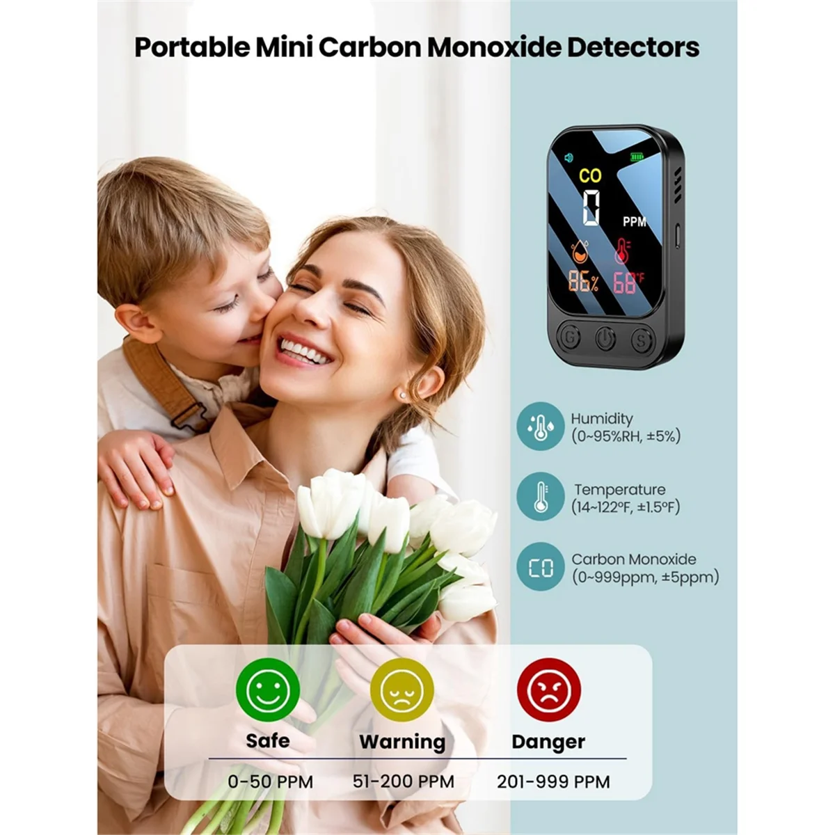 Detectores de monóxido de carbono portátiles 3 en 1, Detector de CO, Detector de humedad y temperatura para Camping, viaje, hogar, negro