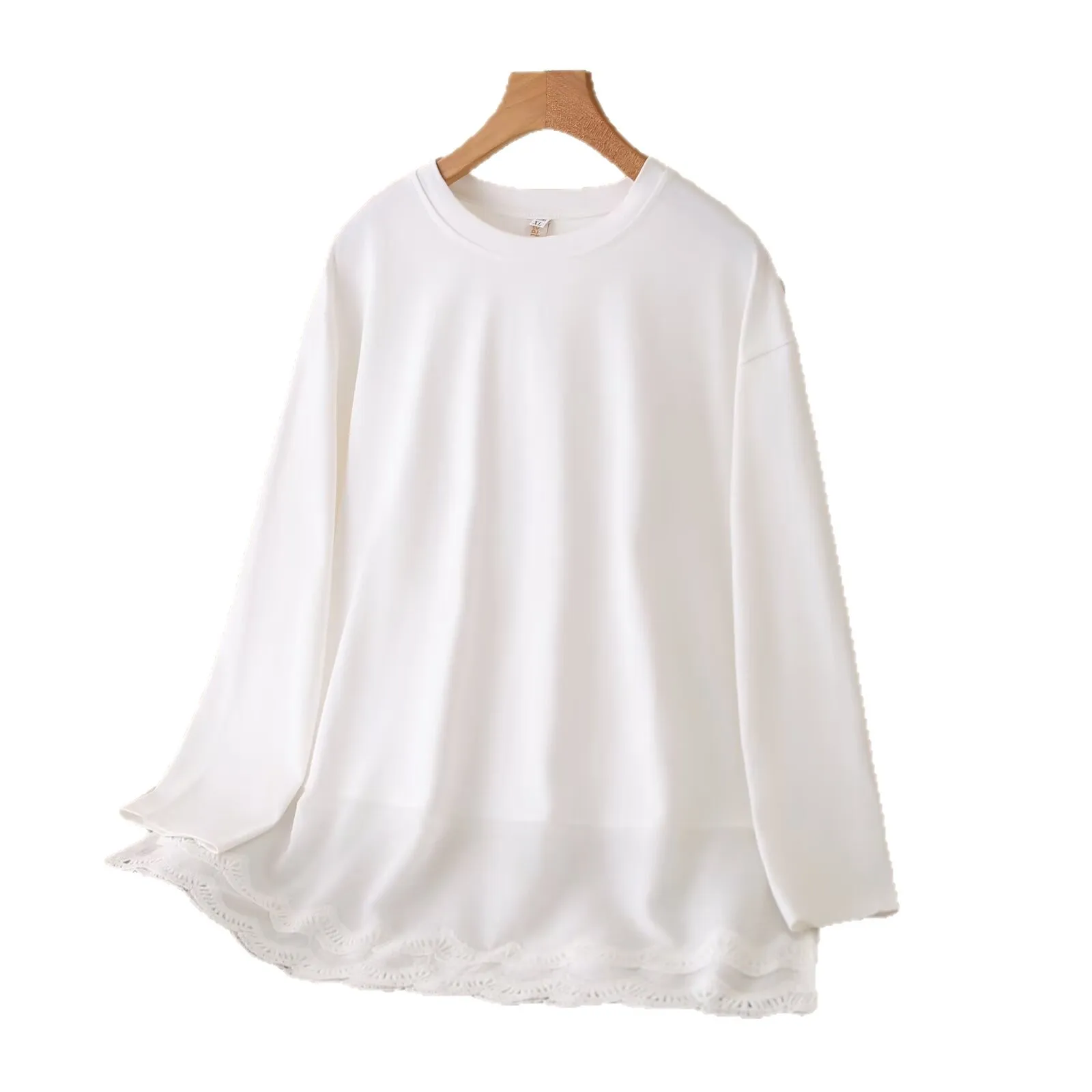 

Fashion Plus Size Women's T-Shirt Autumn New Lace Patchwork Cotton Long Sleeved Tops 669