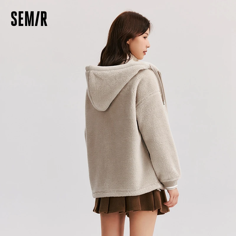 Semir Coat Women Imitation Lamb Wool Polar Fleece Double-Sided Wear Loose 2024 New Winter Contrast Color Simple Hooded Jacket