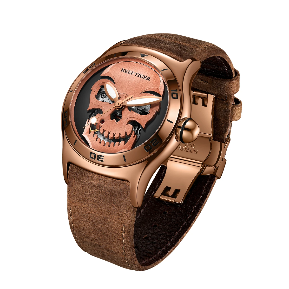 Reef Tiger/RT Skull Skeleton Automatic Mechanical Watch For Men Steel Top Brand Luxury Sport Male Leather Wrist Watches RGA70S7