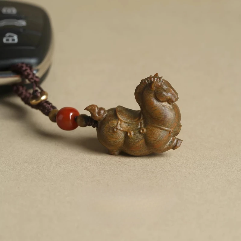 Green Sandalwood Carved Tang Horse Pendant Chinese Zodiac Horse Year Gift Phone Chain Keychain Car Hanging Ornament Gifts