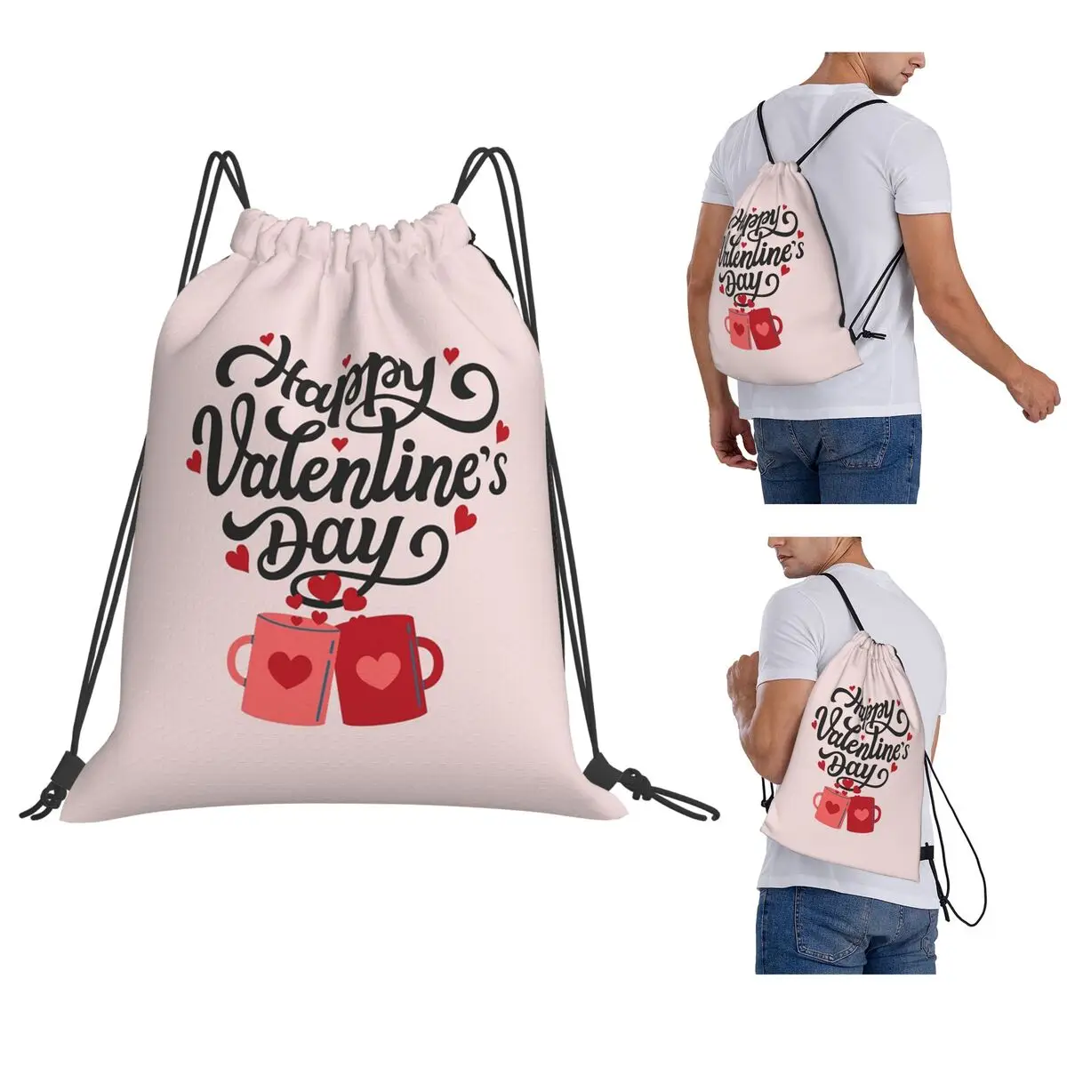 Happy Valentine's Day Backpacks Casual Drawstring Bundle Pocket Sports Bag Book Bags for Man Woman School
