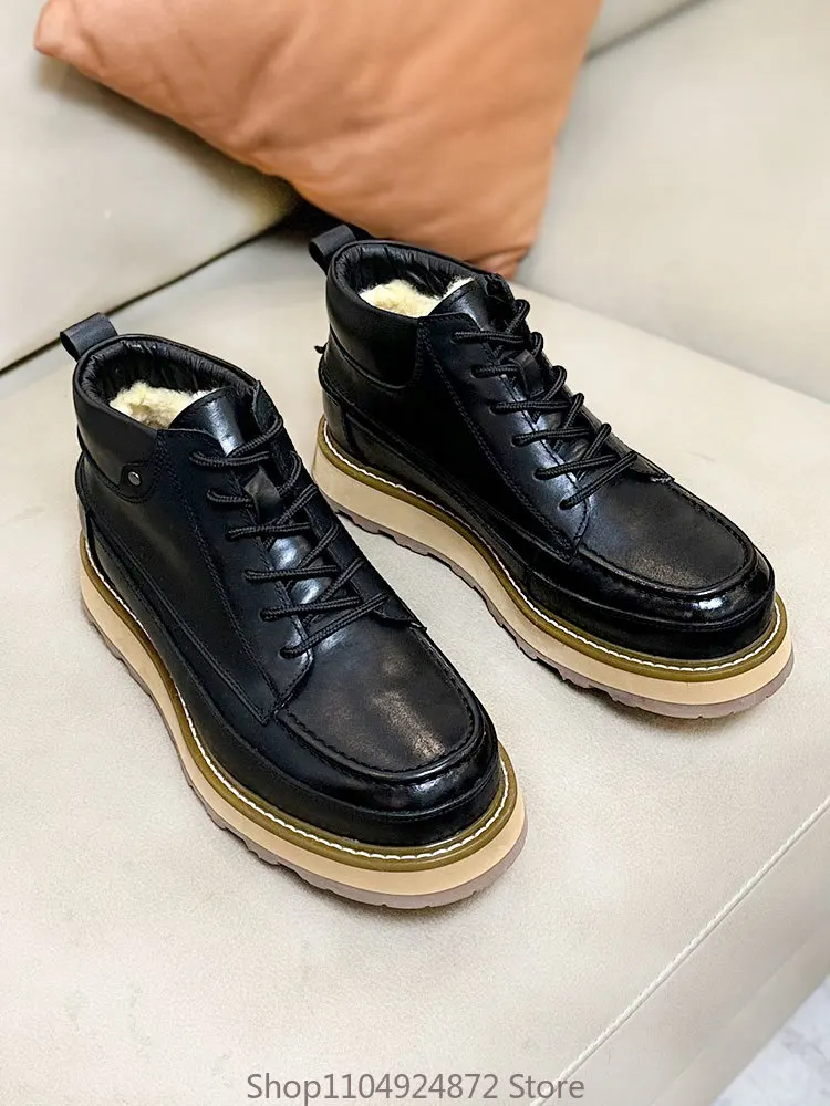 

Зимняя теплая повседневная хлопковая обувь из толстой шерсти, мужские зимние ботинки из натуральной кожи на толстой подошве для уличной работы, прогулочные высокие зимние ботинки, мужские