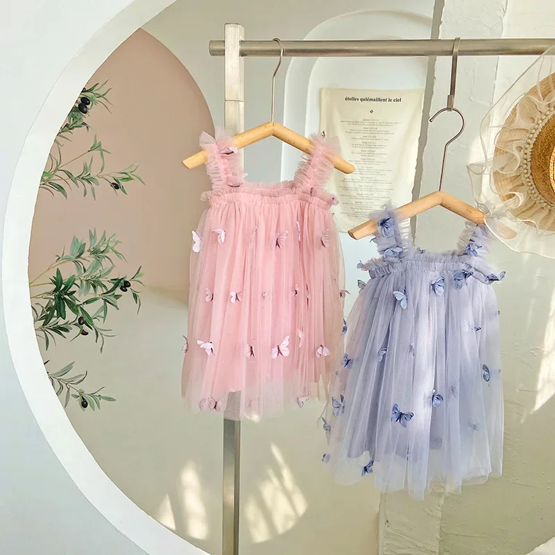 Summer New Baby Girls Dress 1-5 Yrs Girls Princess Birthday Party Dresses 3D Butterfly Mesh Strap Dress Children Casual Clothes