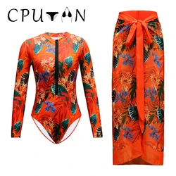 CPUTAN Two Piece Swimwear 2024 Bikini Set Women Long Sleeve Print One Piece Swimsuit Surfing Bathing Suit Skirt Beachwear Dress