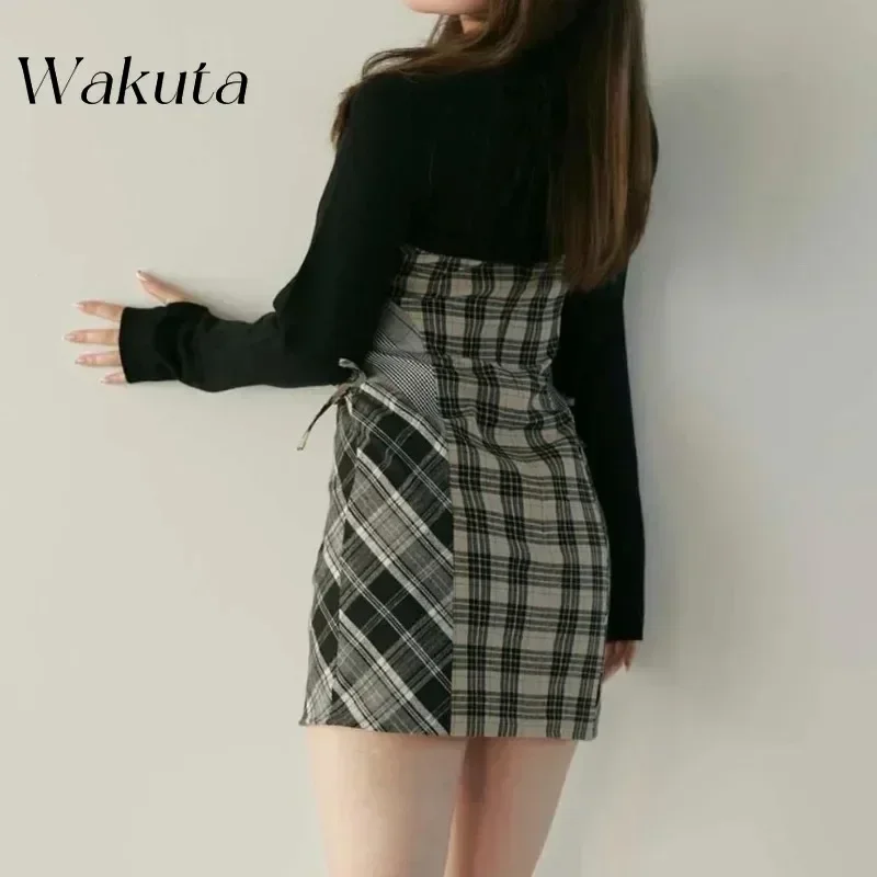 WAKUTA Japanese Niche Retro Plaid Splicing Two-piece Dress Women's Long-sleeved Waisted Package Hip Skirt Female Clothing Платье