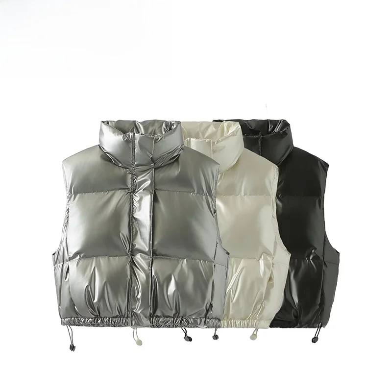 

ZAR Spring New Women's Faion Design Metal Technology Fabric down Cotton Vest Street Sle Regular Length Polyester Fiber