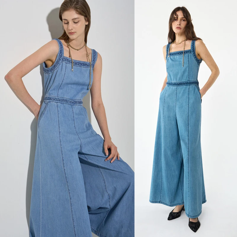 

Ele Modern Women's High Waist Wide Leg Jumpsuit with Braided Belt Korean Sle Spring Summer Loose Fit Denim Overalls