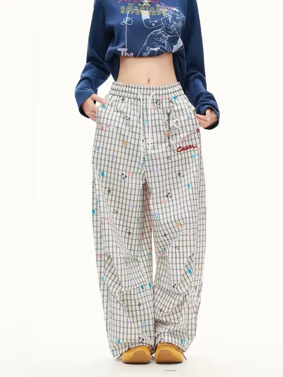 Korean Sweet Preppy Y2K Aesthetic Plaid Wide Leg Pant Women Star Graphic Elastic Waist Baggy Loose Trousers Summer Street Casual
