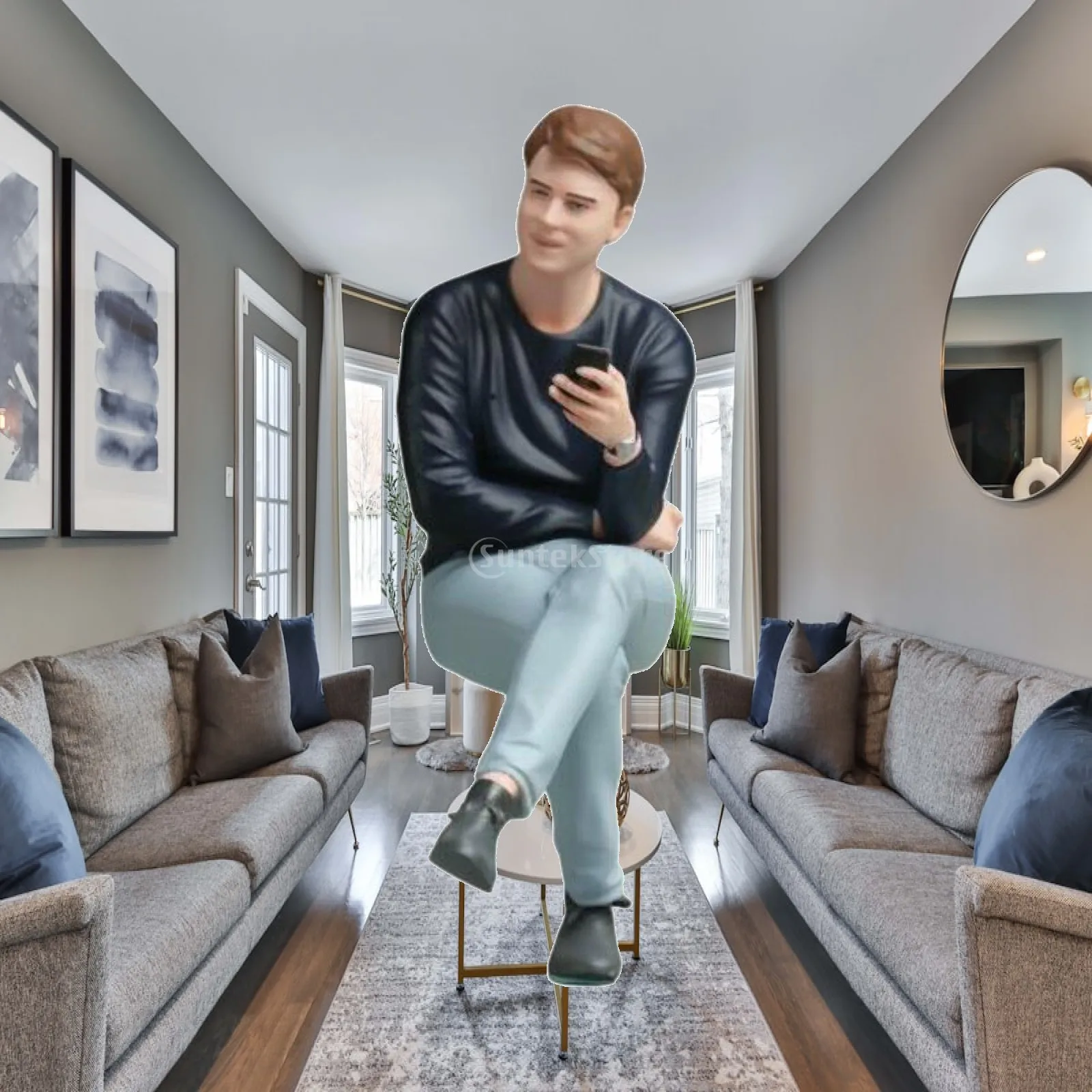 Miniature Man with Phone Highly Detailed Seated Man Figurine Handmade Craft Painted Male Character Model for Hobbyists,