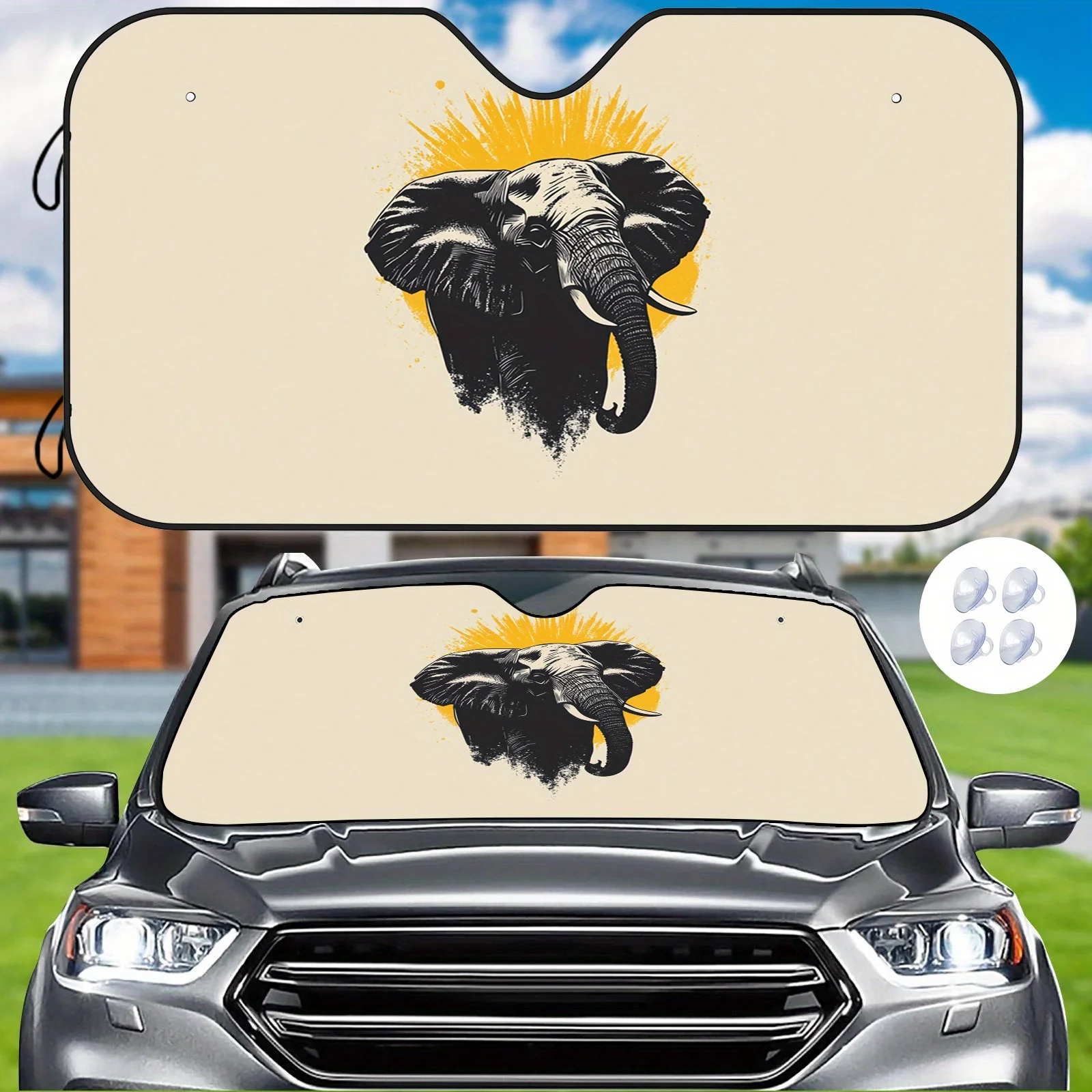 

1pc Elephant Head Print Car Sunshade, Universal Fit, Heat Insulation & Scratch Protection, Comfortable Interior For Cars, SUVs,