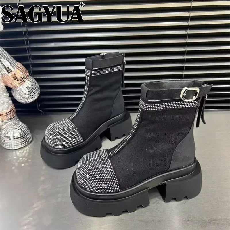 Crystal Platform Ankle Boots Women Chelsea chunky Shoes Canvas Snow Designer Autumn 2024 Trend Goth Casual Boots Zapatos Mujer