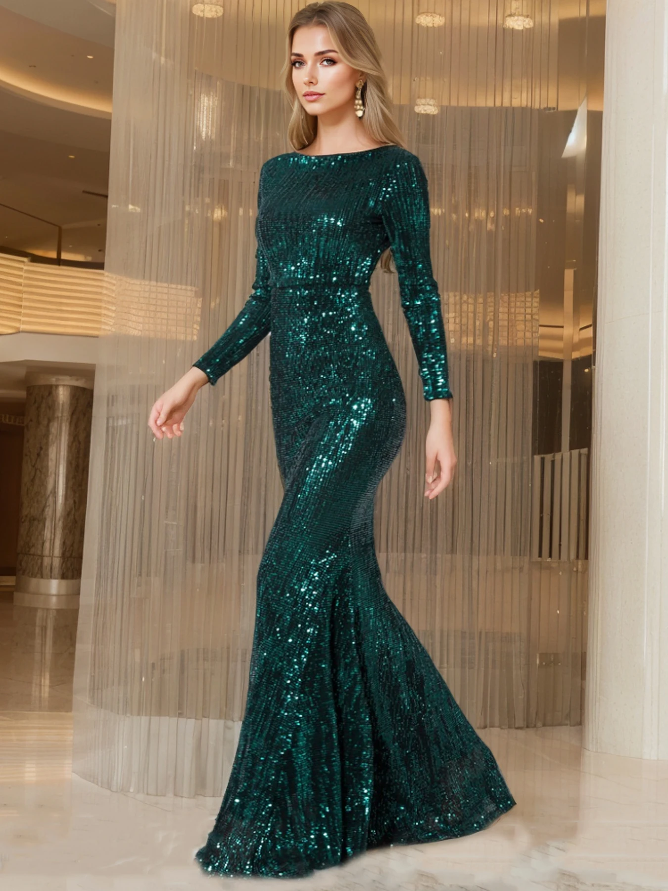 Modest Green Long Sleeve Mermaid Sequin Evening Gown Formal Dress Gold O Neck Stretch Women Wedding Party Maxi Cocktail Dresses
