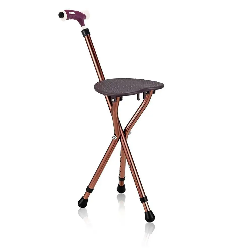 Aluminum Alloy Folding Cane Seat With Led Light Massage Surface Adjustable Heights Stable Triangular Structure For Elderly Travel Queue Resting Light Brown