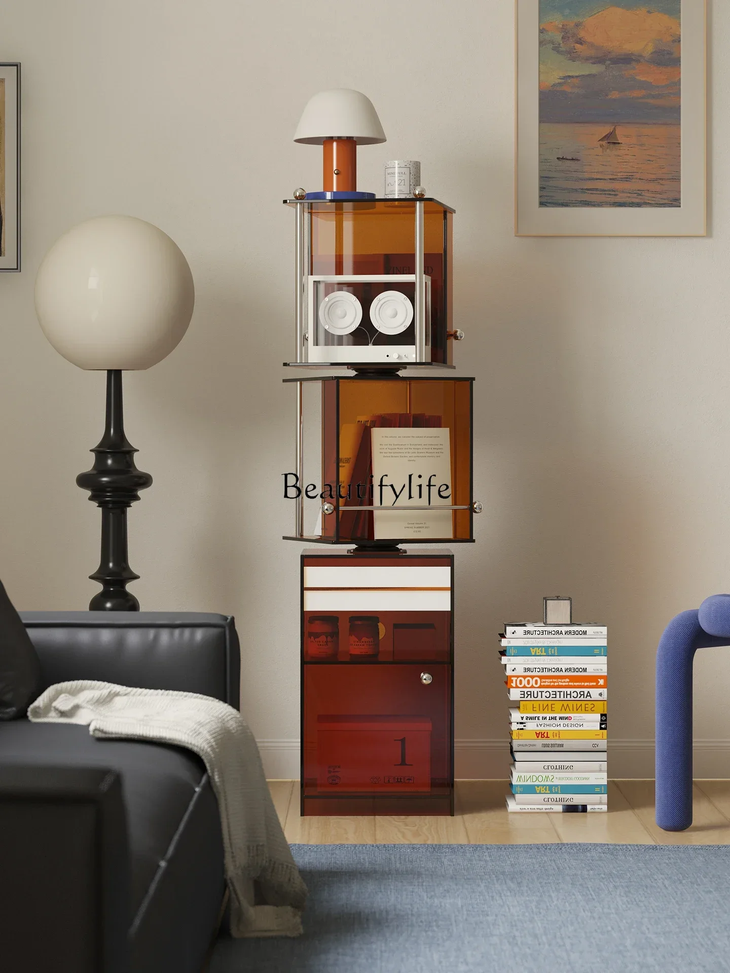 

Acrylic Sideboard Cabinet iving Room Sofa Side Cabinet Vintage Style Storage Rotating Display