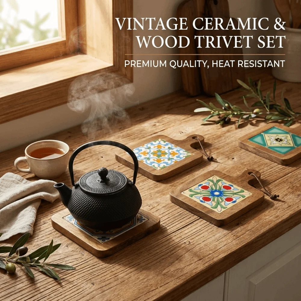 Japanese Style Heat Resistant Solid Wood Coaster Retro Floral Wood Ceramic Tile Protective Square Coffee Cup Mat Tea Time
