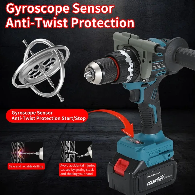 Taladro de impacto inalámbrico de 13mm y 160NM, taladro de impacto sin escobillas, mandril de bloqueo automático de 1/2 ", taladro para hielo, pesca con Sensor giroscópico Anti-Twister
