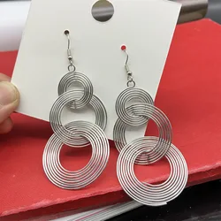 Exaggerate Round Statement Drop Earrings for Women European Party Big Jewelry Vintage Silver Color Metal Circle Long Earrings