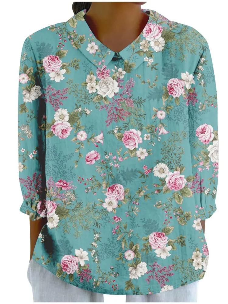 Autumn New Women's Fashion Floral Print Tree Branch Shirt With Lapel, Long Sleeved Casual Loose And Comfortable Top Shirt