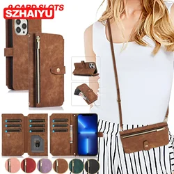 Crossbody Zipper Wallet Phone Case for iPhone 17 Air 16 16E 15 14 13 12 11 Pro Max Plus Card Holder Lanyard Leather Cover