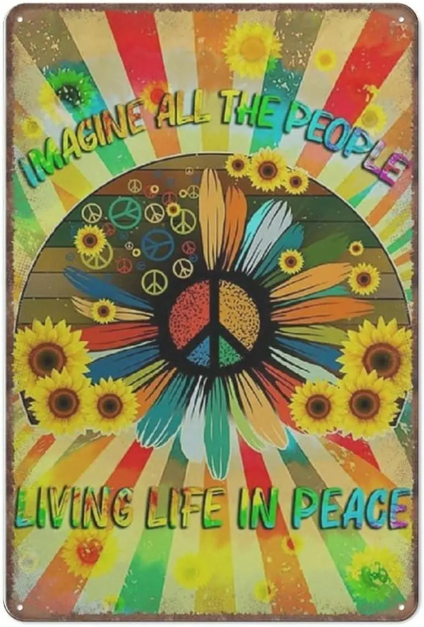 Imagine All The People Living Life in Peace SunflowerTin Signs, Sign Hippie Funny Metal Vintage Wall Art for Kitchen