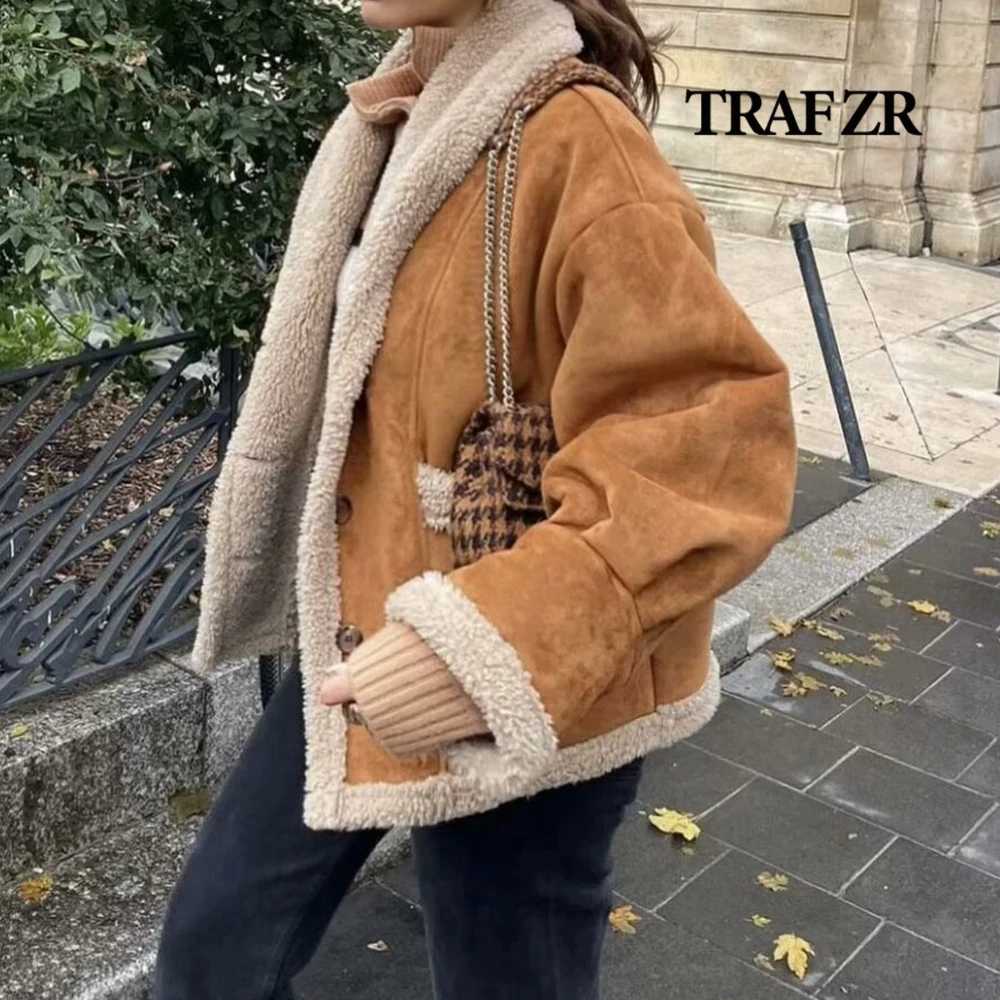 TRAF ZR Vintage Faux Fur Coat Shawl Collar Single Breasted Synthetic Leather Jackets for Women Women's Artificial Sheepskin Coat