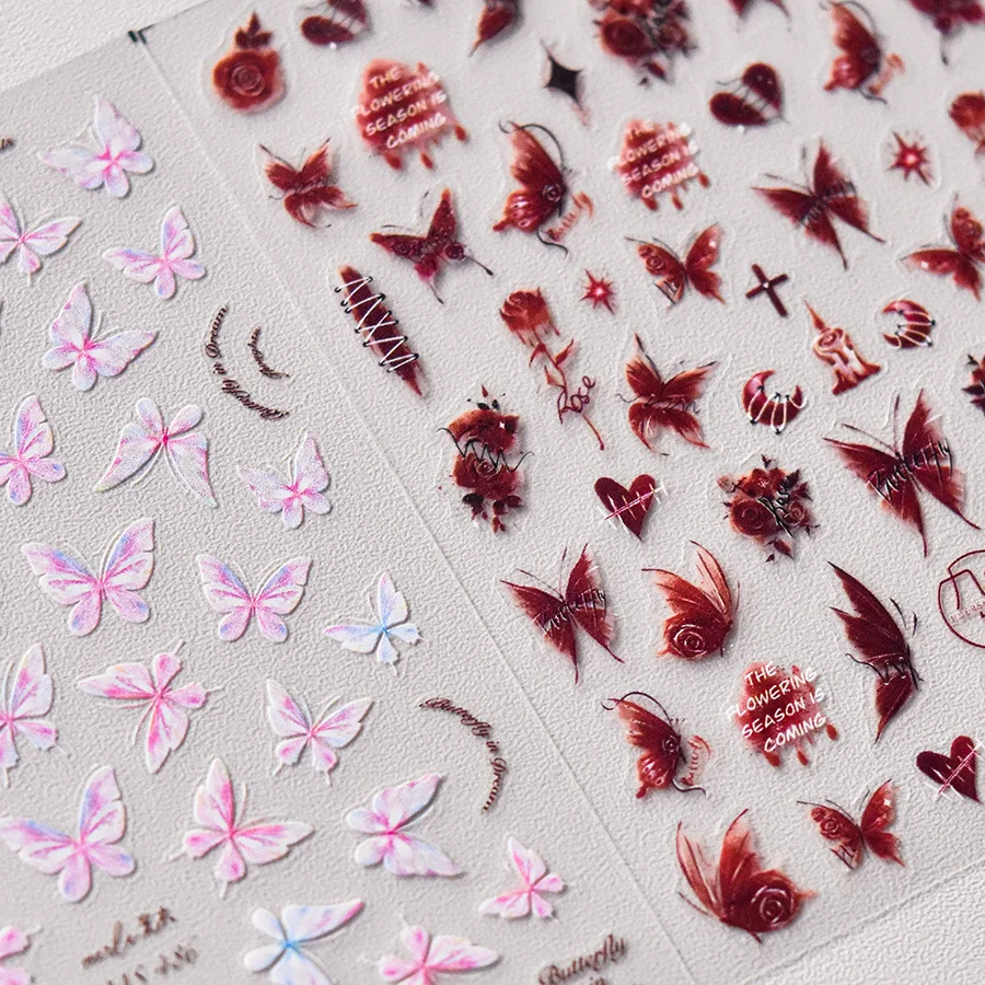 2D Beauty Pink Floral Butterfly In Dream Mysterious Blood Red Rose Moon Heart Adhesive Nail Art Stickers Decals Manicure Charms