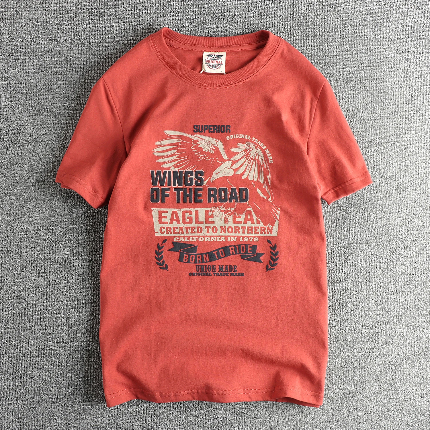 

Vintage Eagle letter flocking pattern short sleeve T-shirt men's cotton round neck American half sleeve trend