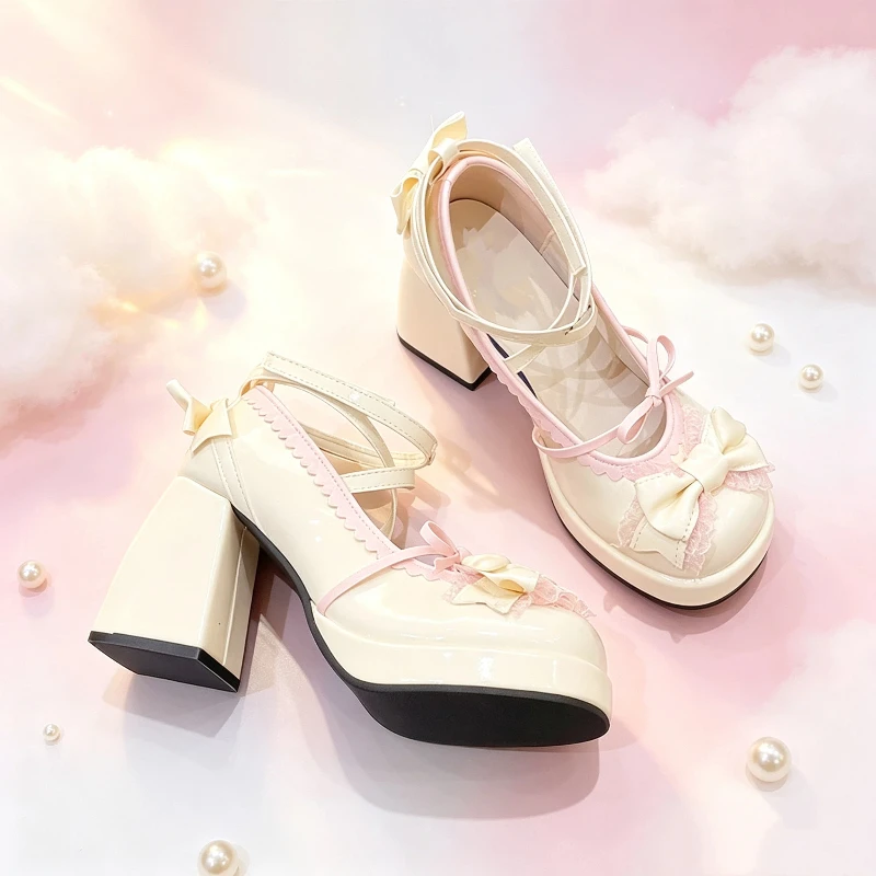 Sweet Lolita Platform Chunky Heels Shoes Women Cross Ankle Strap Bowknot Lace Block High Heels Kawaii Princess Cosplay Shoes