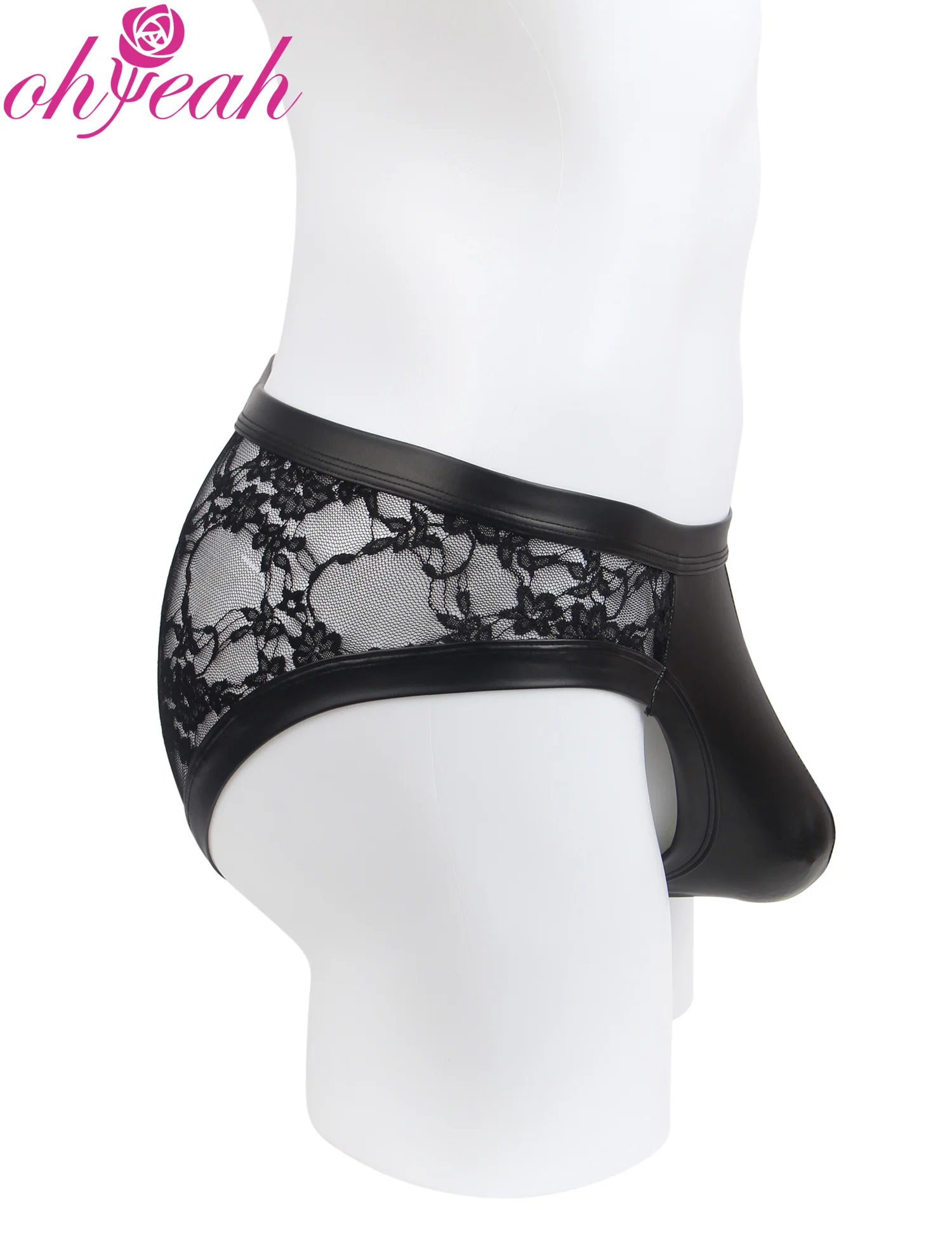 Ropa Interior Masculina de Encaje de Cuero PU Negro, Calzoncillos Triangulares Sexys con Bolsa en Forma de U, Elásticos y Ajustables, Talla Grande