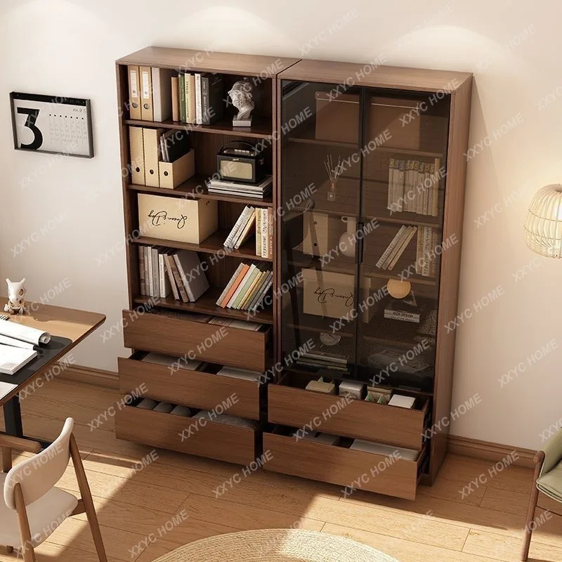 H Solid wood bookcase, storage, integrated household wall display shelf, whole wall floor cabinet