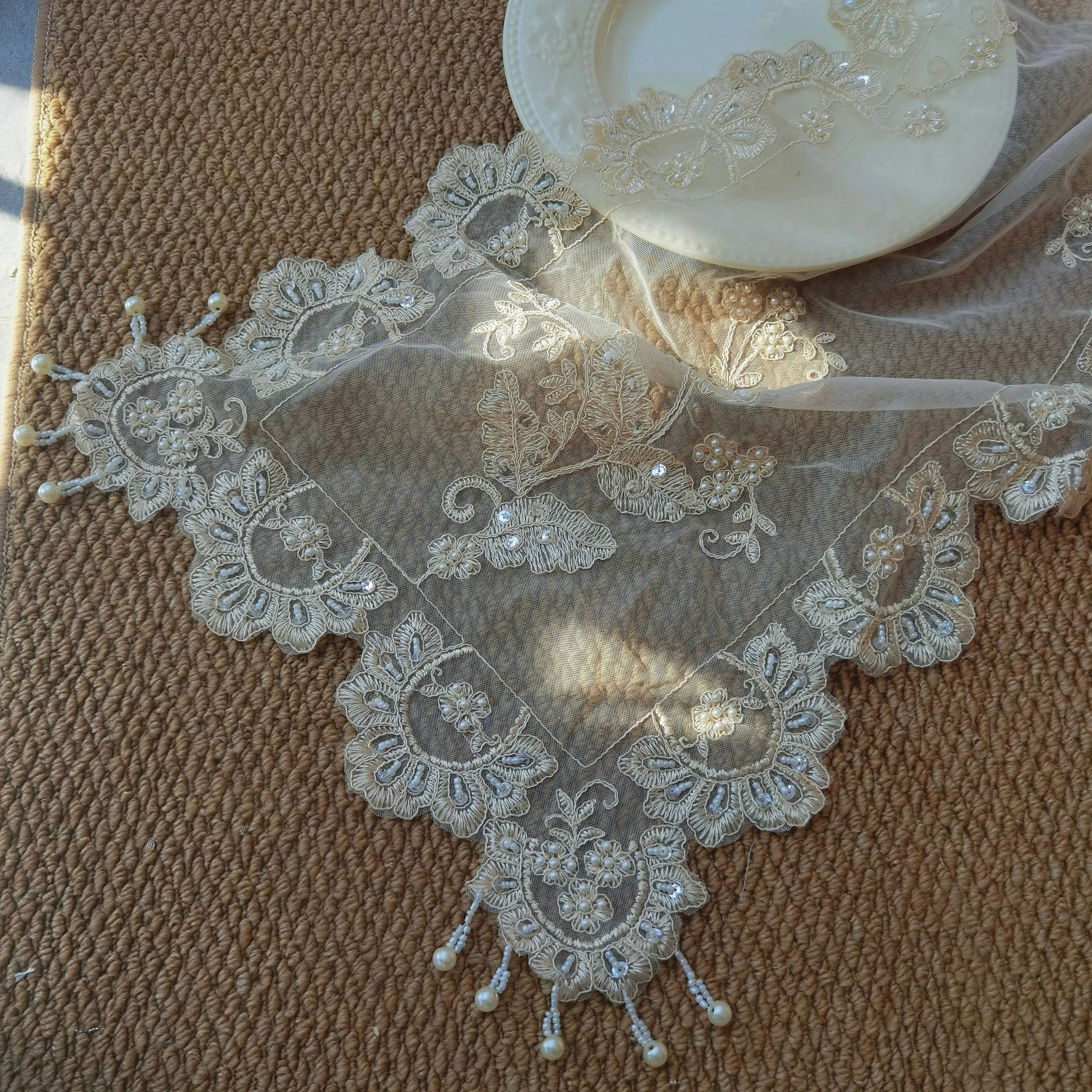 Sequin Embellished Sheer Tulle Tablecloth Lace Table Runner Handmade Embroidered Flower Pattern Dressing Table Dust Cover