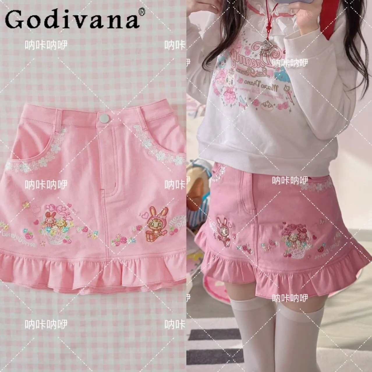 

Japanese Sweet Girls Pink Skirt Spring and Summer New Subculture Kawaii Short Skirt Cartoon Embroidered Daughter Clothes Skirt