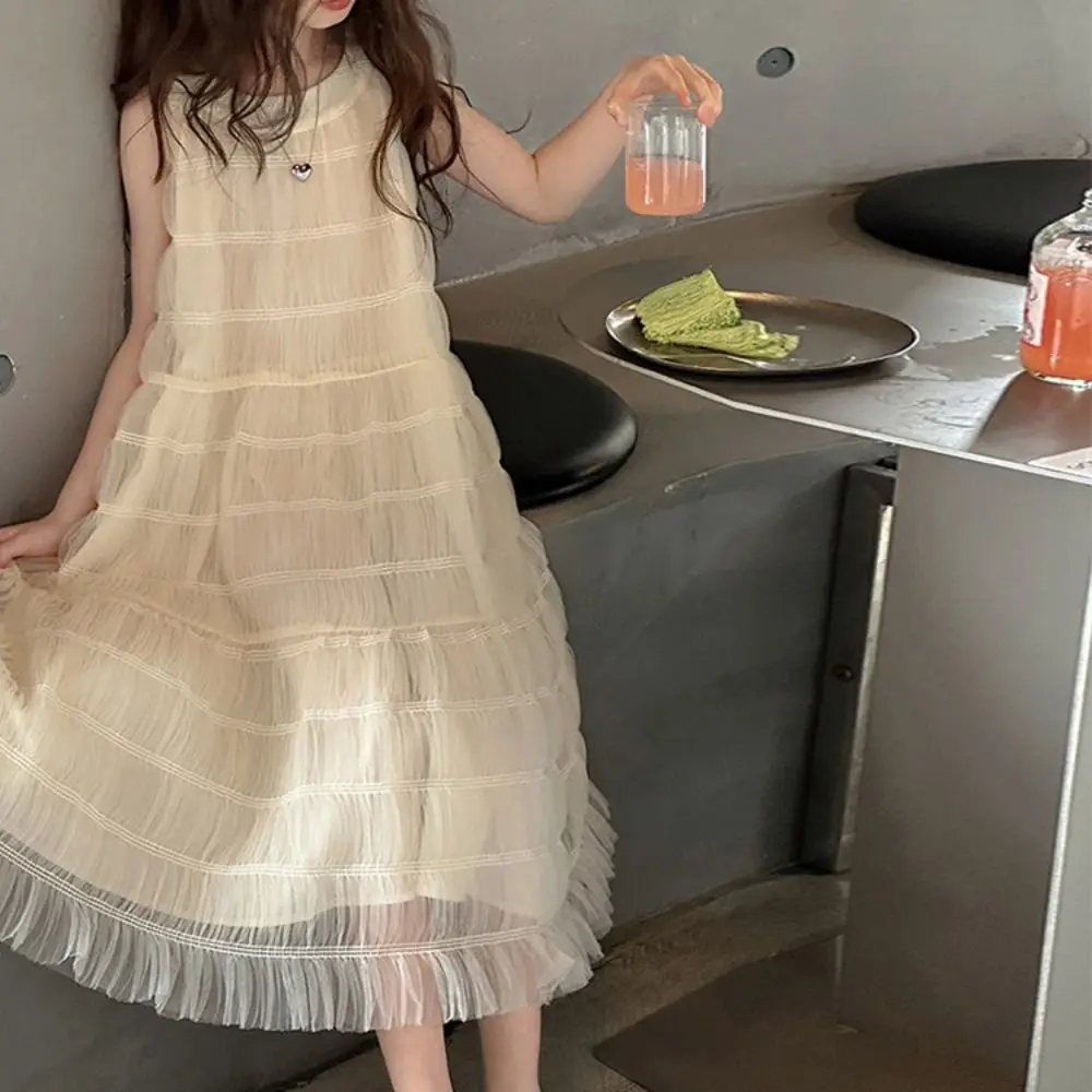 

Fashion Loose Girls Princess Dress Children Beach Vacation Summer Mesh Dress Sweet Party Teens Long Dress Students