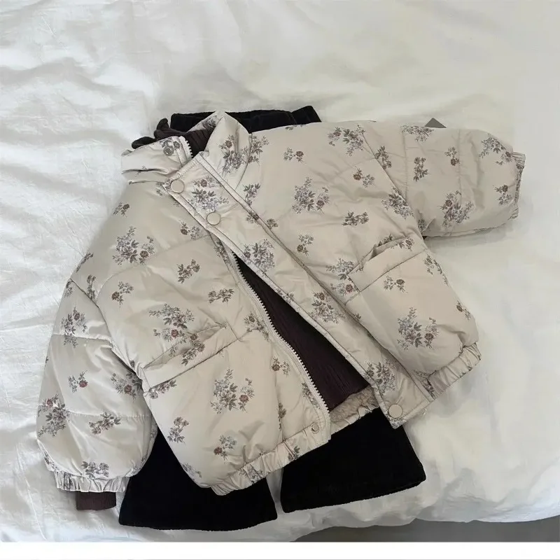 

Winter Toddler Girl Parkas Cotton Padded Floral Print Long Sleeve Baby Girls Outerwear Coat Loose Thicken Warm Kid Girl Snowsuit
