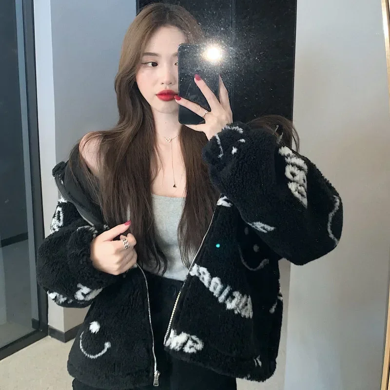 Cute Smiling Face Lamb Wool Coat Women\'s Korean Sweet Girl Cotton Coat 2023 Autumn/Winter Warm Hooded Short Jacket