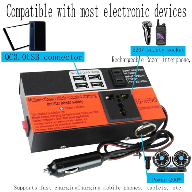 

Professional Car Converter Power Inverter 12V/24V To 110V/220V, High Efficiency with 4 Ports For Vehicles Dropshipping