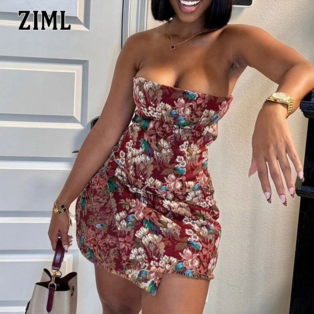 

ZIML Hit Color Printing Sexy Temperament Mini Dress for Women Strapless Sleeveless High Waist Fold Dresses Female Elegant New