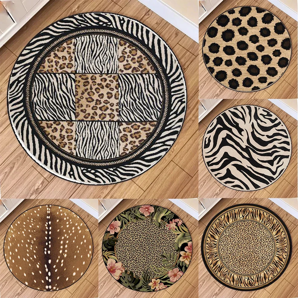 Animal Print Round Rug – Wild Leopard, Zebra, Deer & Tropical Floral Design, Soft Non-Slip Carpet for Living Room
