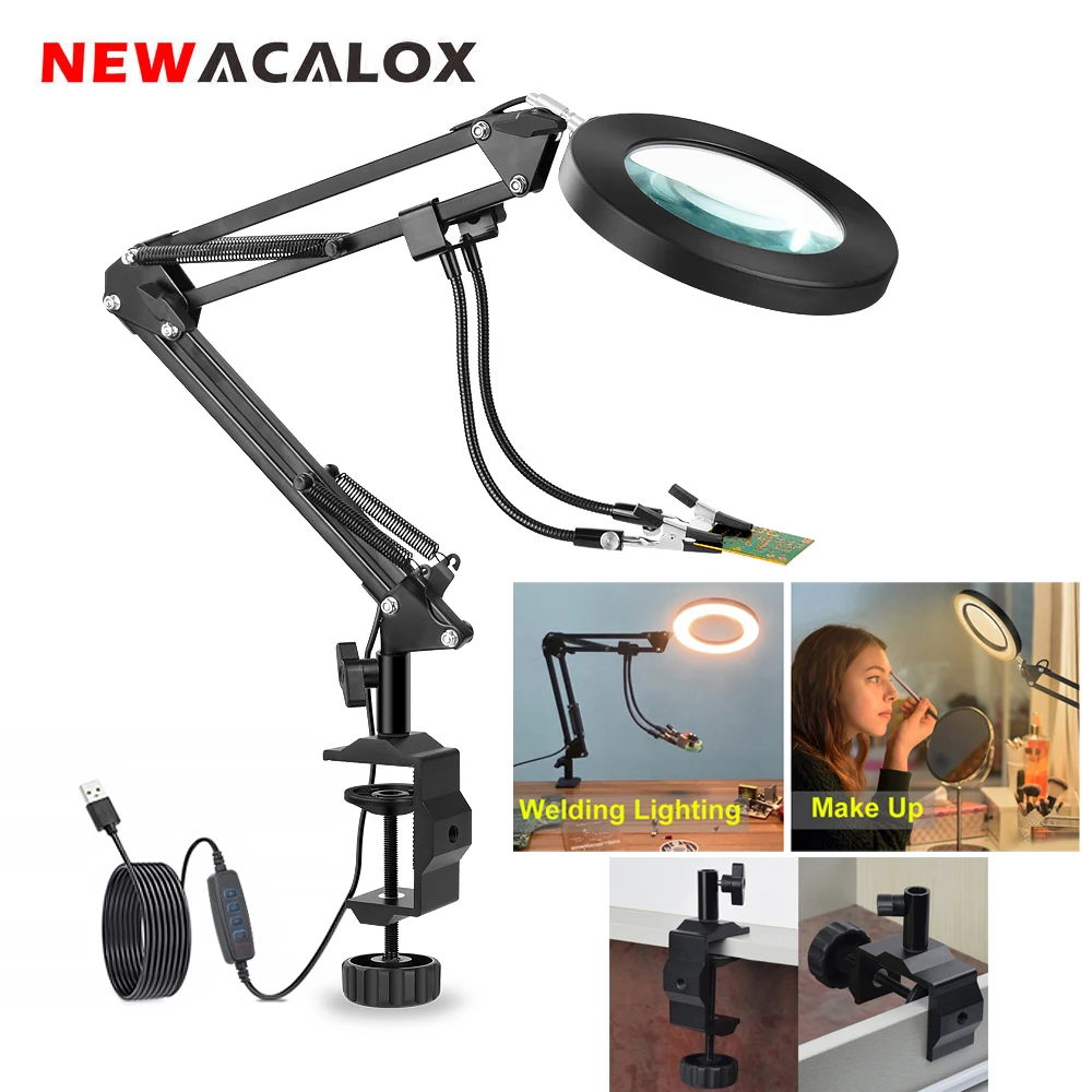 

NEWACALOX 5X Magnifying Glass with 2 Flexible Soldering Helping Hands 72 LEDs Light Desk Magnifier for Hobbies/Reading/Soldering